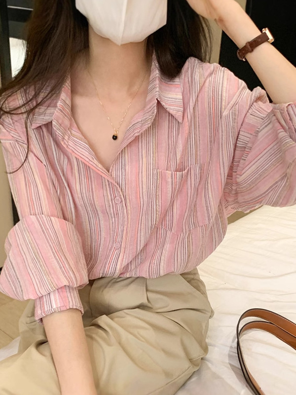 アメリカのレトロなピンクの長袖のストライプのシャツの女性の春と秋の日焼け止めのコート|undefined