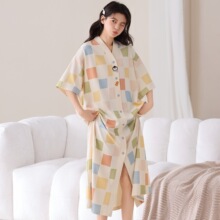 现货小红书纯棉和服V领睡裙女夏季新款学生休闲长款开衫短袖睡衣