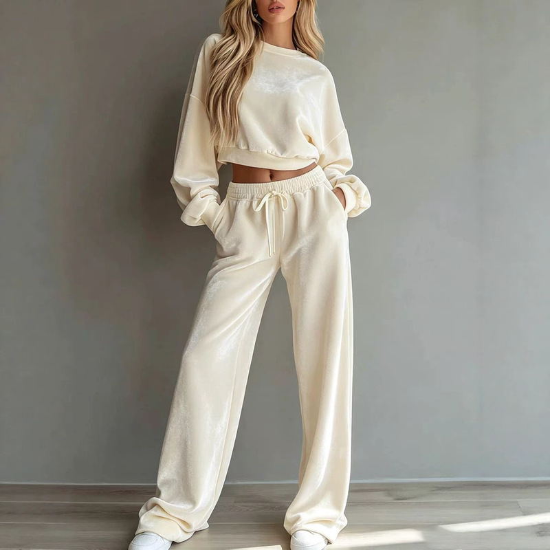European and American cross-border Amazon velvet short-sleeve round-neck sweatshirt and high-waisted drawstring wide-leg pants casual sports solid color set European and American cross-border Amazon velvet short-sleeve round-neck sweatshirt and high-waisted drawstring wide-leg pants casual sports solid color set