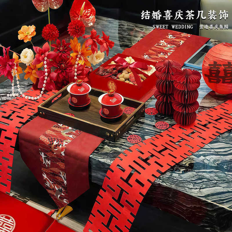 中国風の結婚式の部屋のコーヒーテーブルのレイアウト結婚式の装飾茶セット結婚式の婚約宴会儀式テーブルセット|undefined
