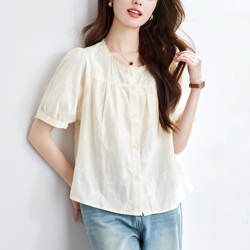 Cotton Cocoon Apricot-Colored Embroidered Shirt for Women, Short-Sleeved, 2026 Summer New Style, Round-Neck Top, Elegant and Mature Pure Cotton Shirt