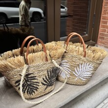 水草绣花白色树叶拉菲草流苏单肩手提超大容量草编包2026夏季新款