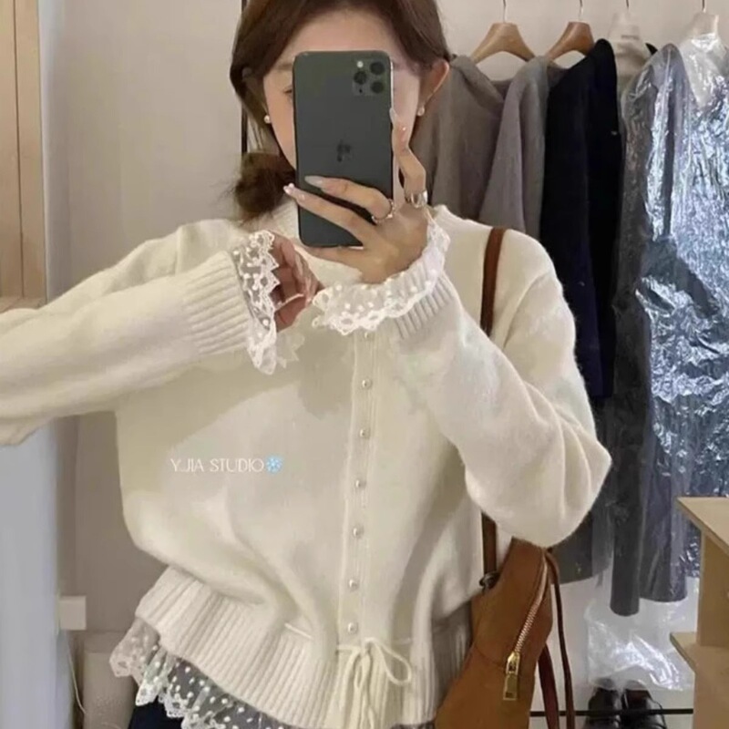 Xiaofang [Plus Size] Lace Fake Two-Piece Sweater Coat for Women, Autumn and Winter Thickened Waist-Cinching Knitted Cardigan