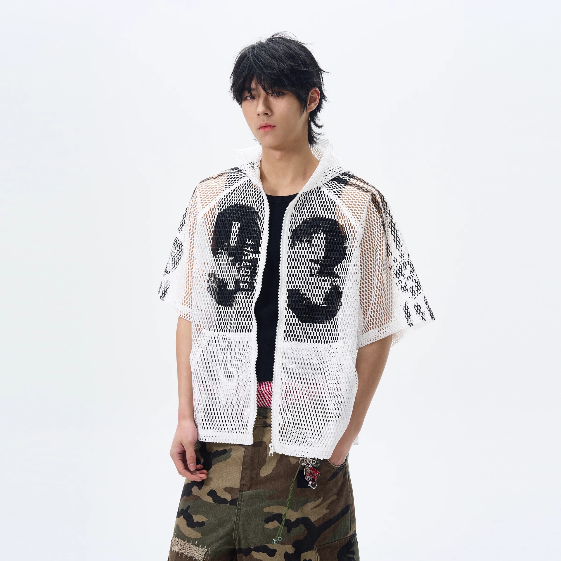 American Retro Hollow Hooded Jersey Men's Niche Design Summer New Loose Short-Sleeved Shirt Jacket Couple