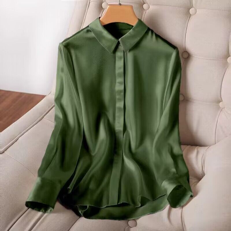 Light Luxury Heavyweight Mulberry Silk Shirt for Women, New Autumn Solid Color Silk Blouse, Long-Sleeve Professional Top for Layering