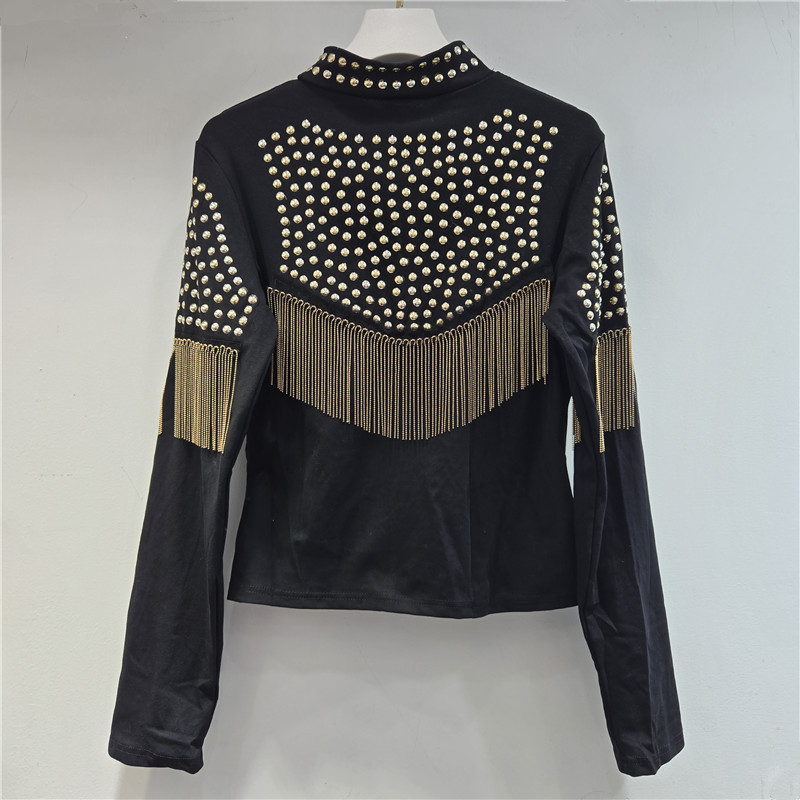 Europa y América de la industria pesada remaches con bordas Cardigan chaqueta de mujer de estilo extranjero cuello elástico delgado corto americano chaqueta caliente