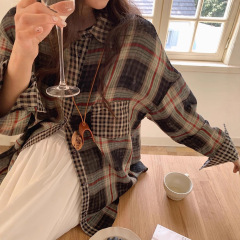 日韩双层棉纱宽松大码格子拼接衬衫休闲女装上衣外套衬衣批发工厂