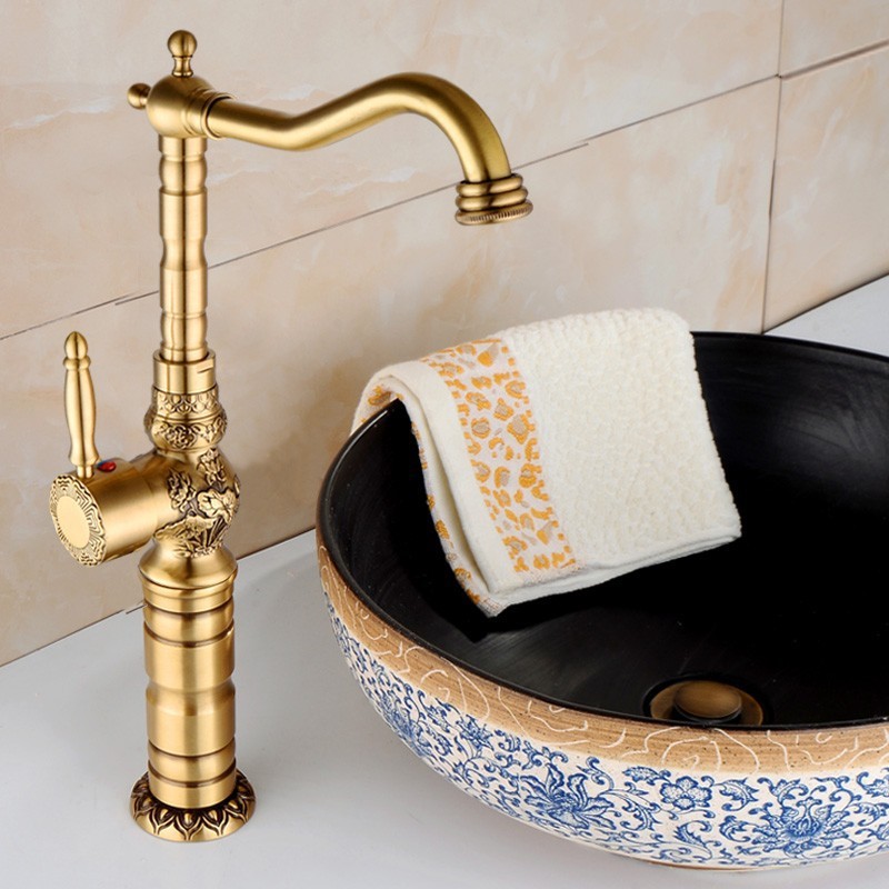 European-style antique thickened full copper carved kitchen faucet, bathroom washbasin, cold and hot water dual household underfloor basin Specification drawing