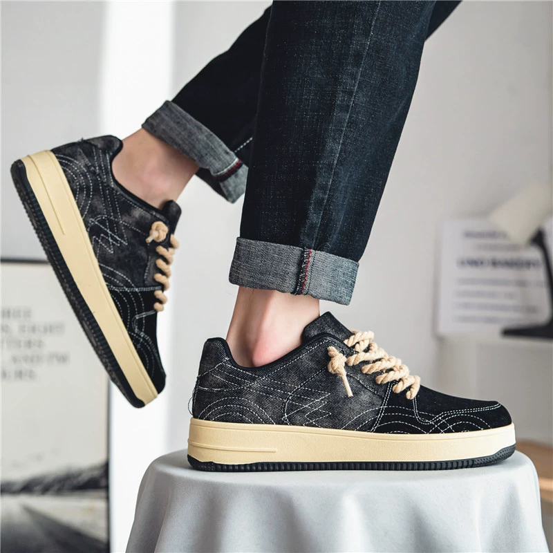 Унисекс кеды на платформе, повседневный дизайн с канатными шнурками, denim и чёрные, размеры 39–44