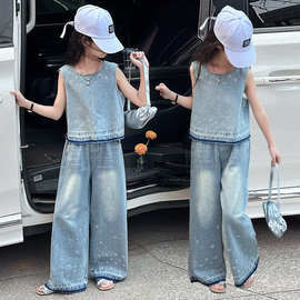 女童无袖烫钻牛仔裤2026夏装新款儿童宽松休闲阔腿裤两件套批发