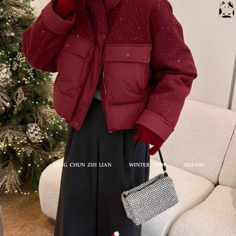 European Heavy-Duty Sequin Stand Collar Patchwork Short down Jacket for Women 2026 Winter New White Duck down Warm Coat