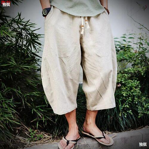 Summer Chinese-style loose plus-size cotton-linen 7/8 length pants for men, fat men's shorts, wide-leg pants, linen casual harem pants, trendy