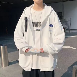 Waffle new men's cardigan loose spring and autumn hooded sweater chic sports couple fashion student coat