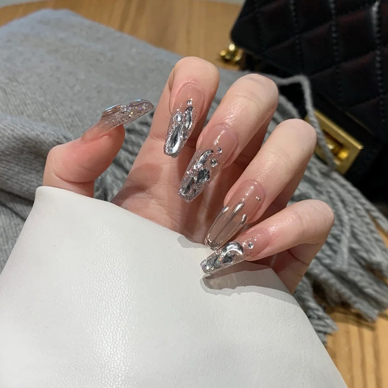 European and American Long-Style Nail Art Wearable Nails Wholesale 2026 Gold-Plated Rhinestone Ballet Nails Removable Nail Stickers Shine