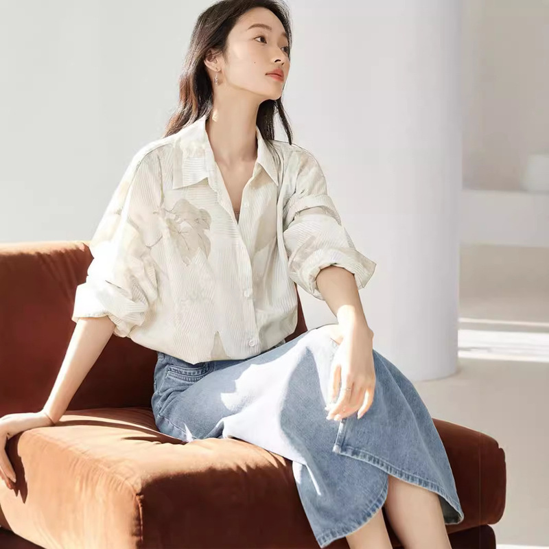 Original Chinese-Style Printed Long-Sleeve Shirt for Women, 2026 Summer New Model, Elegant and Unique Beautiful Top