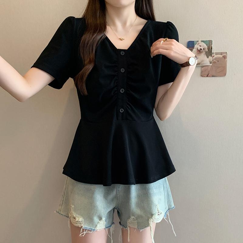 2025 夏ファット mm 大きいサイズの女性の韓国ファッション V ネックスプライシング蓮の葉レースシックな半袖 T シャツ|undefined