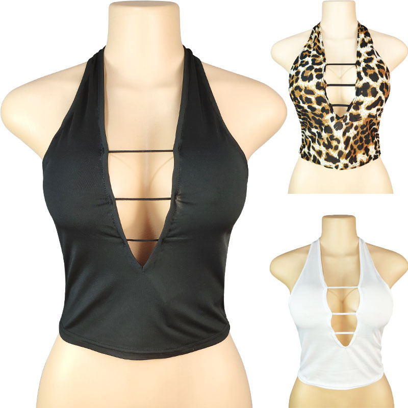 European and American New Short Deep V Small Vest Chest Wrapping Tight Sexy Leopard Print Non-Take-off Uniform Hollow Backless Top for Women