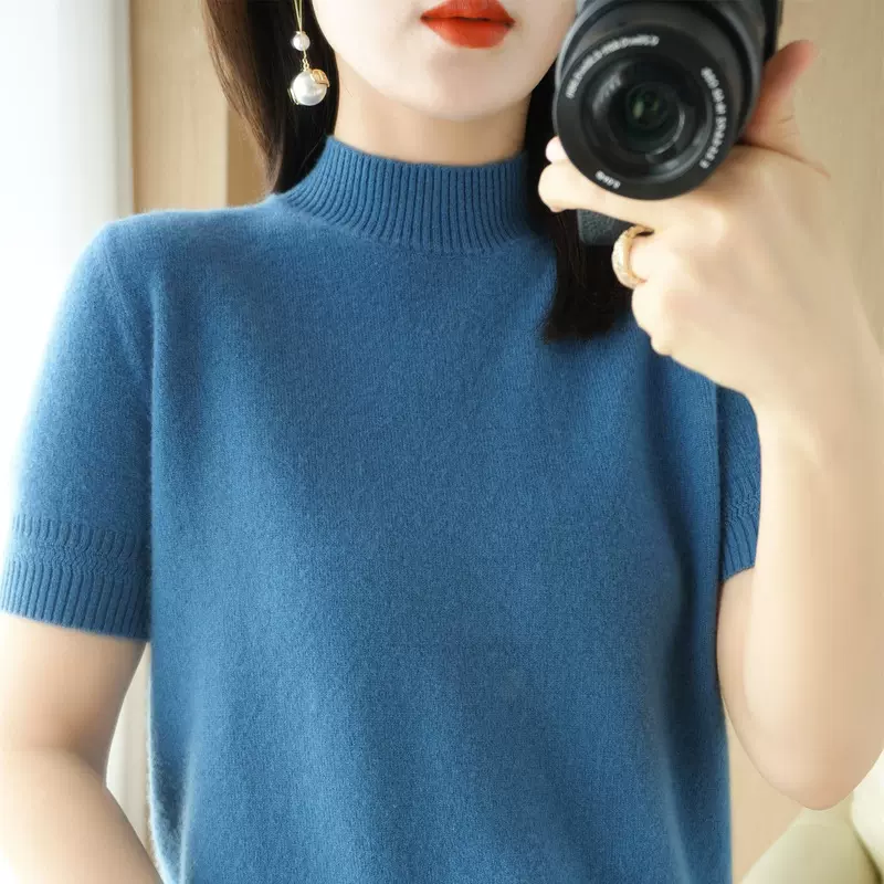23春季简约短袖针织女半高领螺纹线衣打底T恤外穿上衣一件起批