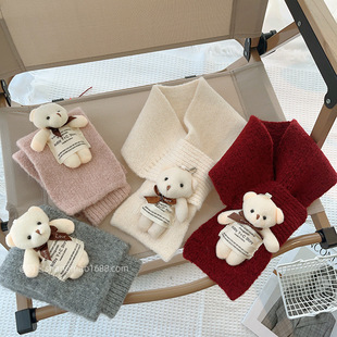 Korean new arrival high quality children's scarf autumn and winter boys and girls warm cute bear cross scarf soft waxy tide