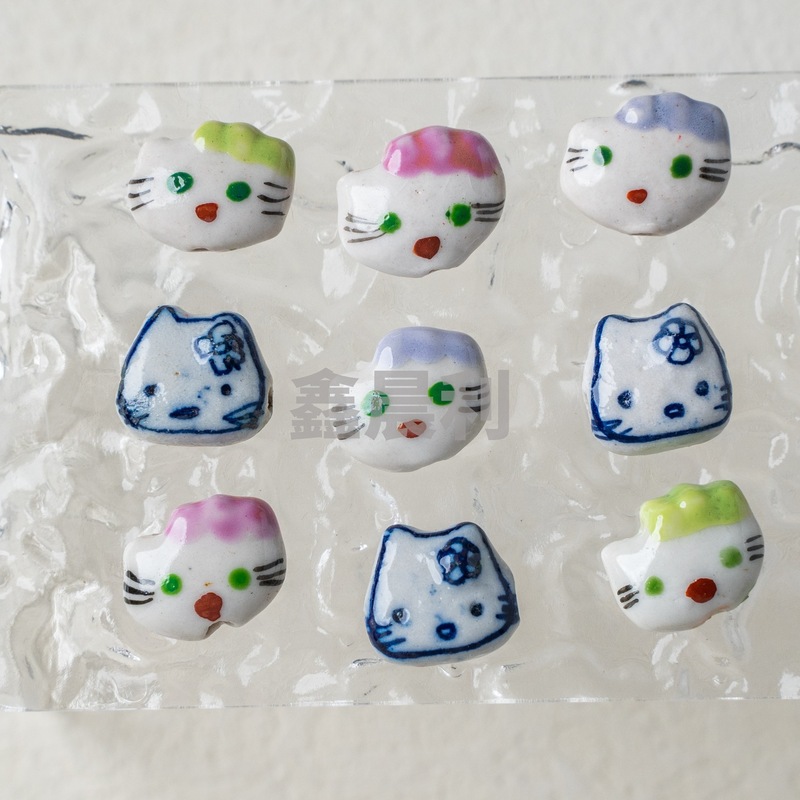 手绘卡通可爱kitty猫直孔珠陶瓷串珠diy手链项链配件饰品材料散珠|undefined