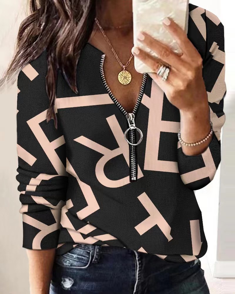 Fashion Geometric Polyester Round Neck Long Sleeve Regular Sleeve Printing Blouse