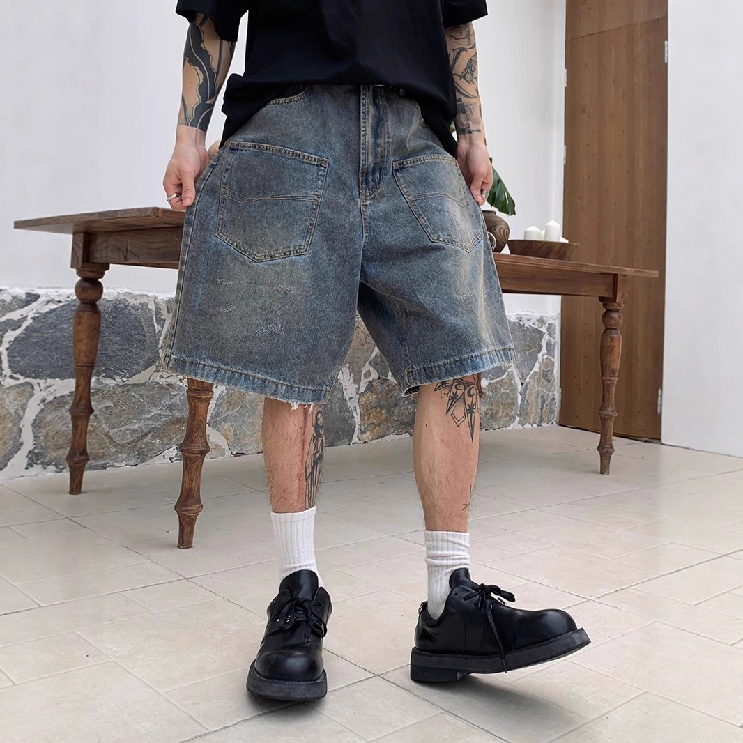 Summer New Denim Shorts Casual Multi-Pocket Cargo Shorts Loose Straight Men's Washed Denim Shorts