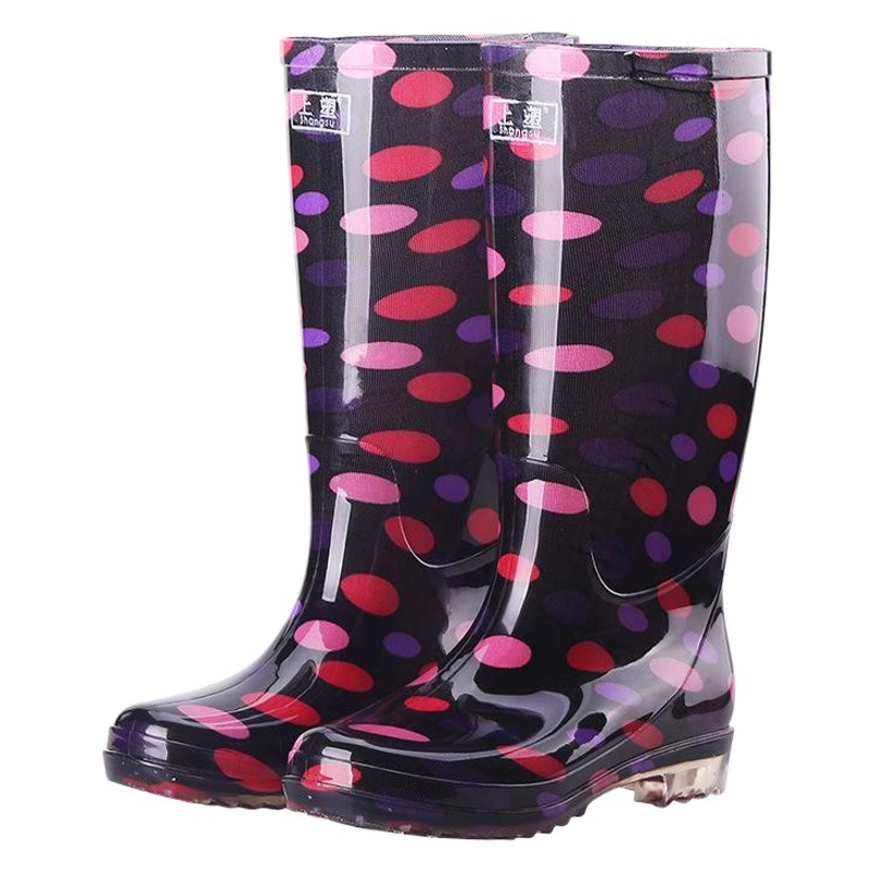 Envío gratuito Botas de lluvia altas para mujer largas impresas zapatos de agua de trabajo para mujer antideslizantes Botas de lluvia de PVC resistentes al desgaste Fábrica de mujeres al por mayor image 1