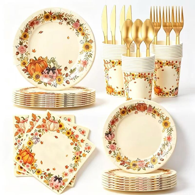 Autumnal retro pumpkin-themed party disposable paper plates, napkins, cups, and straws – a tableware set for birthday parties and decorations