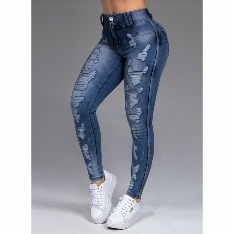 high waist ripped high elastic solid color jeans NSGJW137472