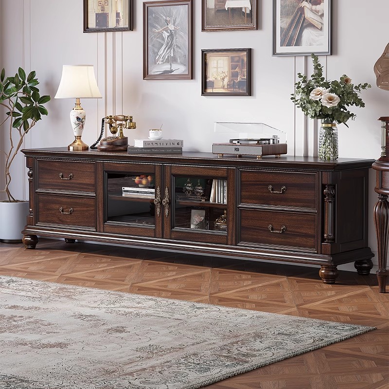 All Solid Wood Tv Cabinet American Retro Country Living Room Black Walnut Storage Cabinet Home Wall Floor Cabinet