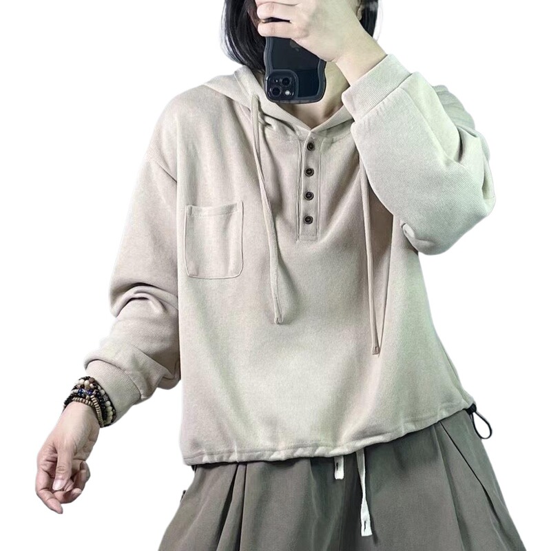 新品文艺时尚纯色抽绳下摆长袖套头连帽卫衣|undefined