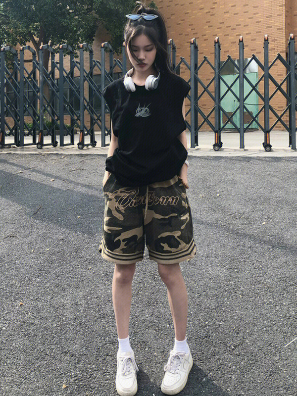 American Style Retro Embroidered Camouflage Pure Cotton Shorts Men's National Fashion Summer Fashion Brand Loose Casual Basketball Sports Pants