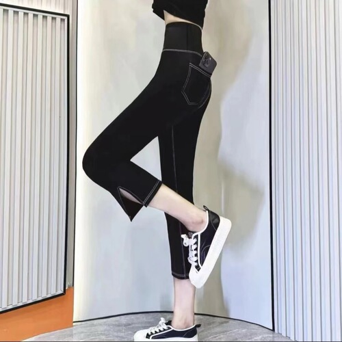 Seven-point shark pants for women, summer, clear-stitch thin, wearable leggings, high-waisted, tummy control, buttock-lifting, split, Barbie style, eight-point