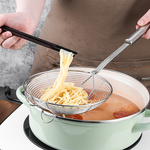 Stainless steel colander, thick four-line colander, noodles, dumplings, fried filter, beef hot pot mesh sieve with double hook spoon