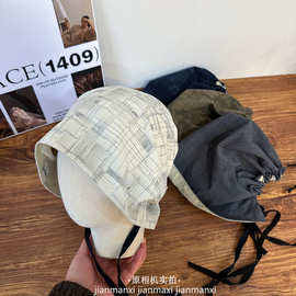 春夏格纹系绳双面可戴褶皱松紧冷帽韩版百搭遮阳显脸小薄款堆堆帽