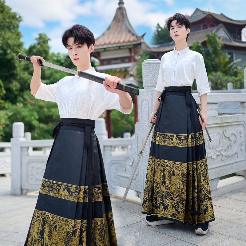Men's Short-Sleeved Summer Hanfu Suit, Refreshing Ancient Style Gold-Woven Horse-Face Skirt Set, Trendy New Style for Commuting and Work Wear Men's Short-Sleeved Summer Hanfu Suit, Refreshing Ancient Style Gold-Woven Horse-Face Skirt Set, Trendy New Style for Commuting and Work Wear