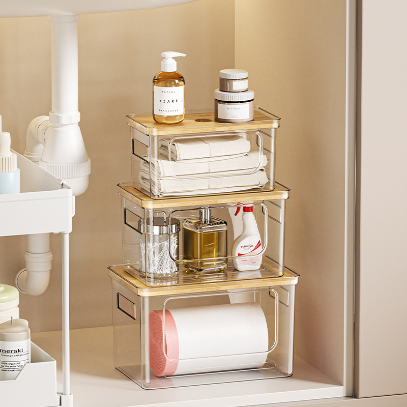 Transparent Garbage Bag Storage Box, Household Simple Large-Capacity Bamboo Lid Storage Box, Plastic Double-Handle, Direct from Manufacturer