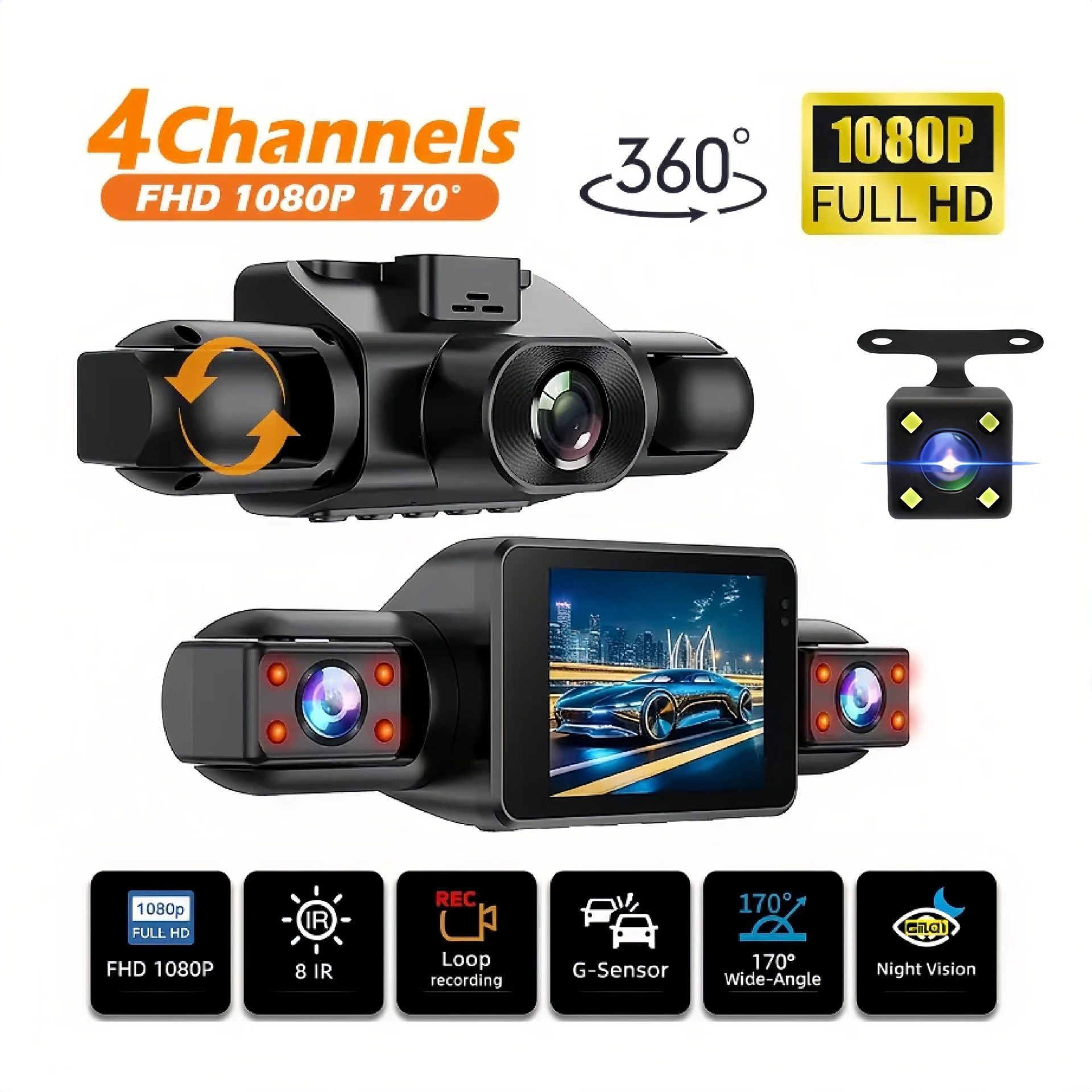 Four-lens panoramic dashcam 1080P HD WiFi connected parking monitoring car video recording device