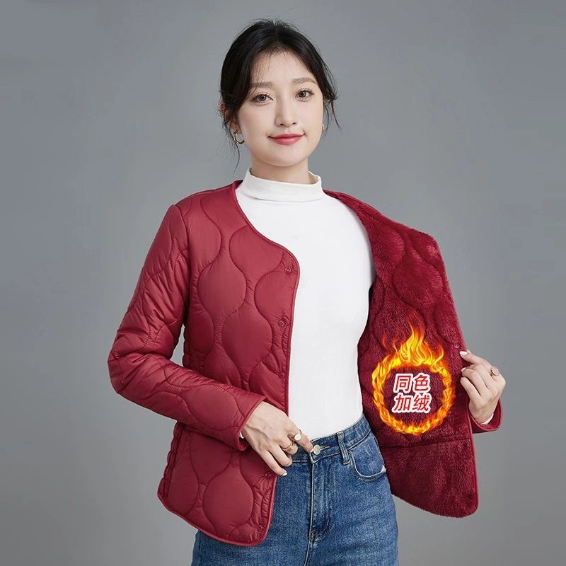 秋冬2025女士修身加绒保暖羽绒棉内胆短款加厚棉袄中老年轻薄外套|undefined