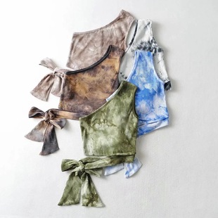 Diagonal shoulder strap tie-dyed vest hot girl European and American Wind Women's new waist strap printing short suspenders top