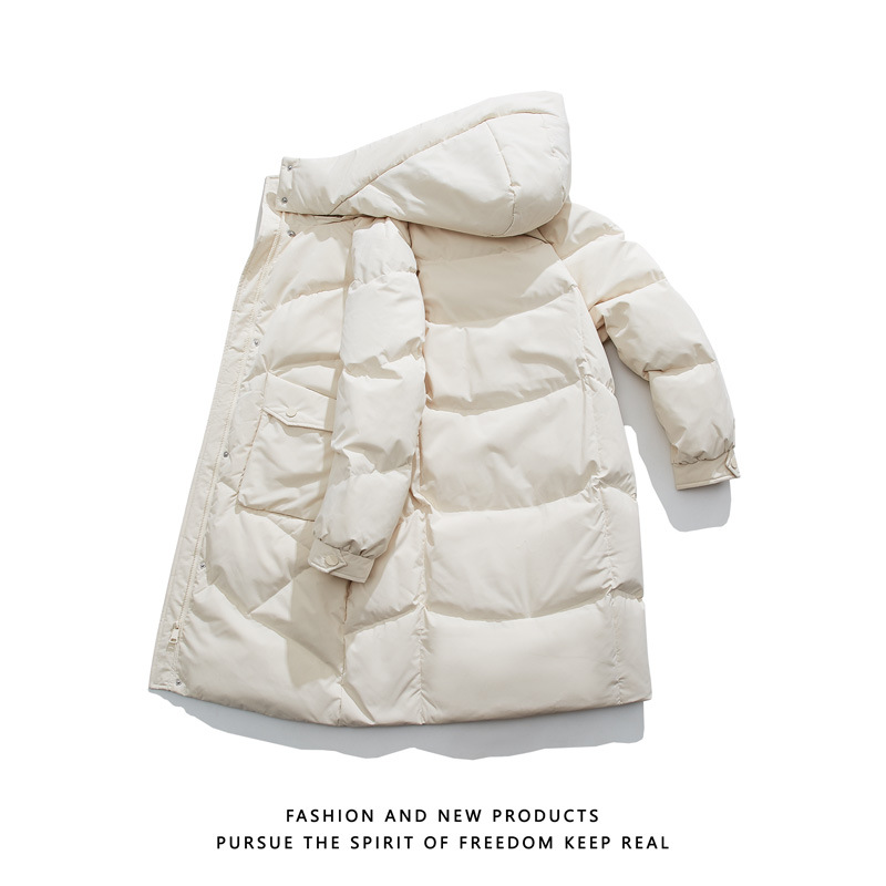 Chaqueta de Plumón Larga con Capucha 90% Plumón de Pato Blanco Cuello Desmontable para Uso Diario
