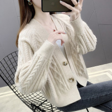 针织开衫女士毛衣春秋装2024年新款韩版宽松高腰小个子外搭短外套