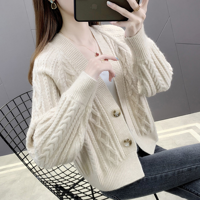 针织开衫女士毛衣春秋装2024年新款韩版宽松高腰小个子外搭短外套