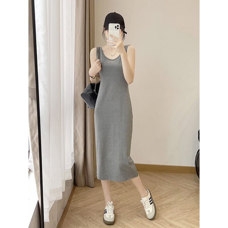 Gray Sleeveless Tank Top Dress for Women, Spring and Summer Outerwear, Mid-Length, Petite, Ribbed Cotton Little Black Dress