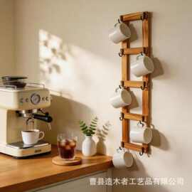 跨境木制墙壁悬挂式杯子置物架带挂钩厨房墙上置物收纳架
