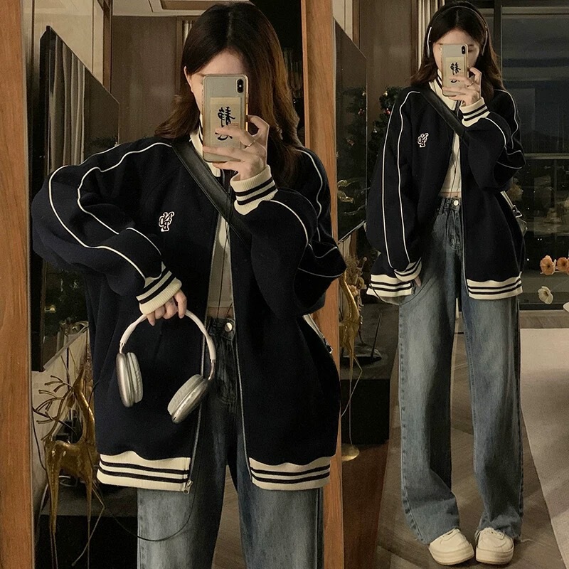 Coats for Women Spring & Fall American Baseball Uniforms Stand Collar Casual Loose Sweatshirt Cardigan Couple Wear College Style Jacket Tops