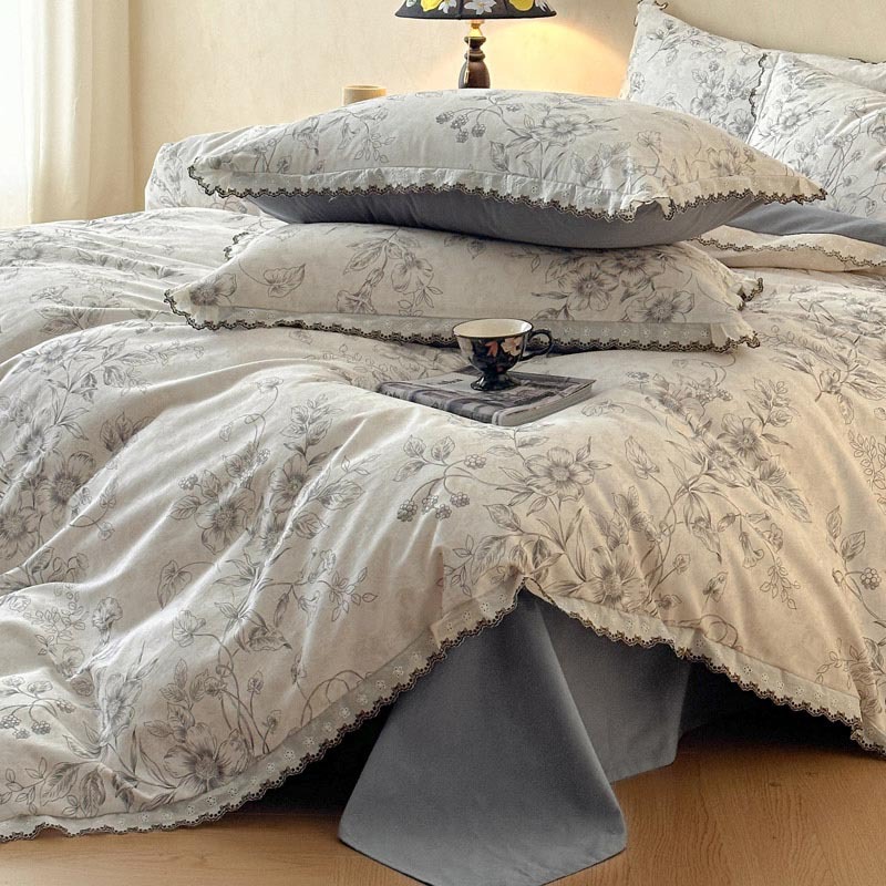 Nordic French Vintage Boho Maternity-grade French Vintage-style Brushed Four-piece Set, Thickened 100% Cotton Bed Sheet, Duvet Cover, And High-end_voghion.com