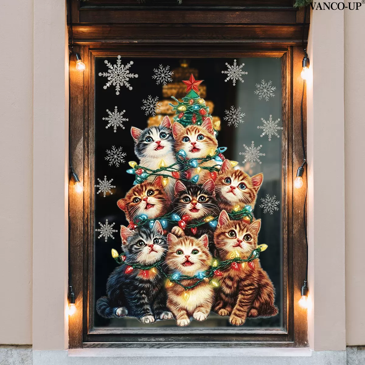 多款圣诞可爱小猫圣诞元素玻璃贴窗贴家居节日装饰双面可视自粘