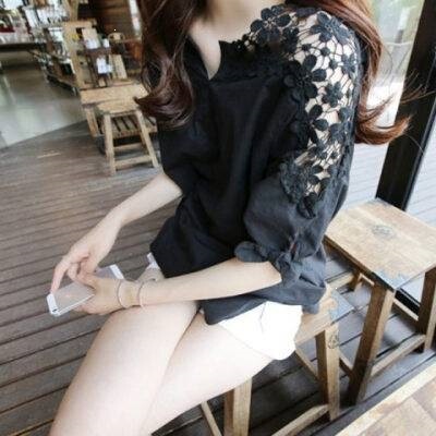 2026 Shirt Off-Shoulder Pure Cotton Shirt for Women Loose Embroidered Hollow Lace Top Korean Style Black and White Shirt