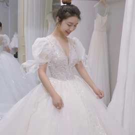 新娘主婚纱2026新款法式婚纱拖尾赫本小个子奢华复古宫廷风主婚纱